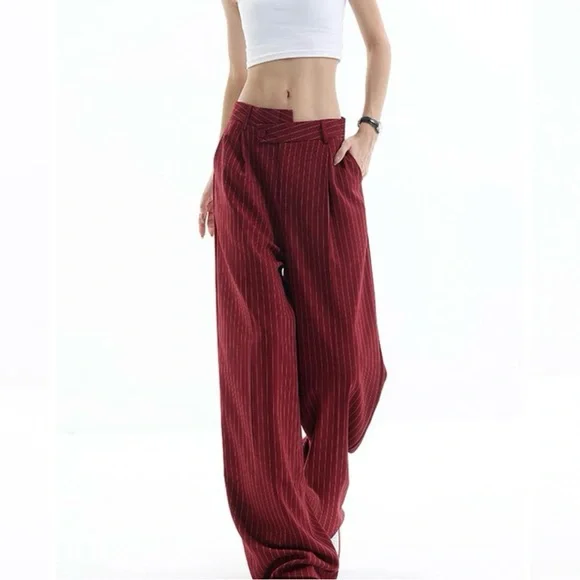 Stylish Asymmetrical Burgundy Striped Pants - Picture 1 of 10